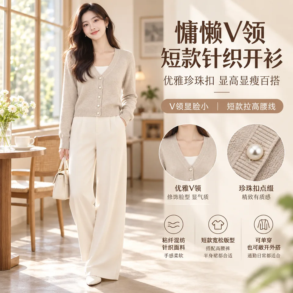 女士V领短款针织开衫商品主图 1