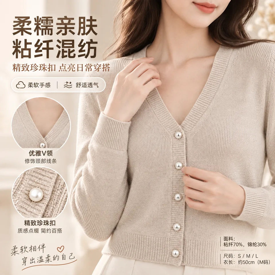 女士V领短款针织开衫商品主图 2